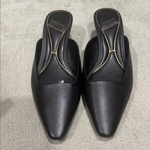 Kenneth Cole Black Pointed Leather Slip-On Mules with Gold Trim